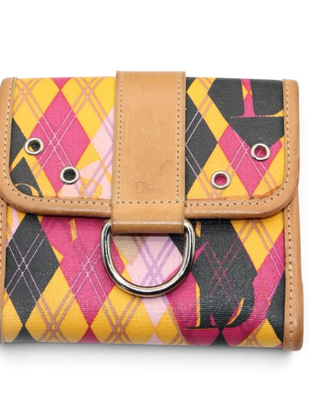 Dior Yellow Pink Black Plaid Canvas Wallet with Tan Trim